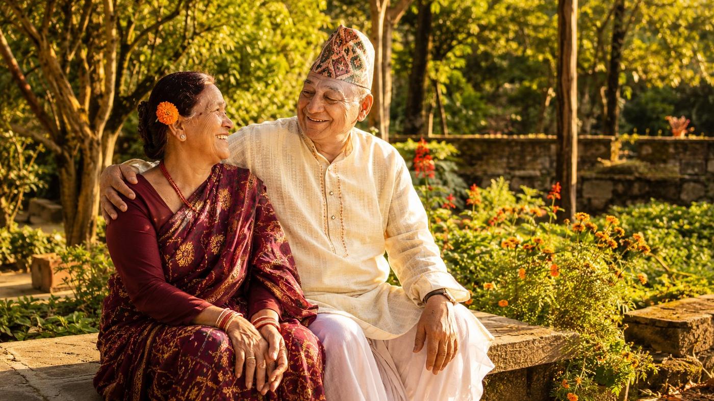 Elderly Nepali couple smiling in garden
