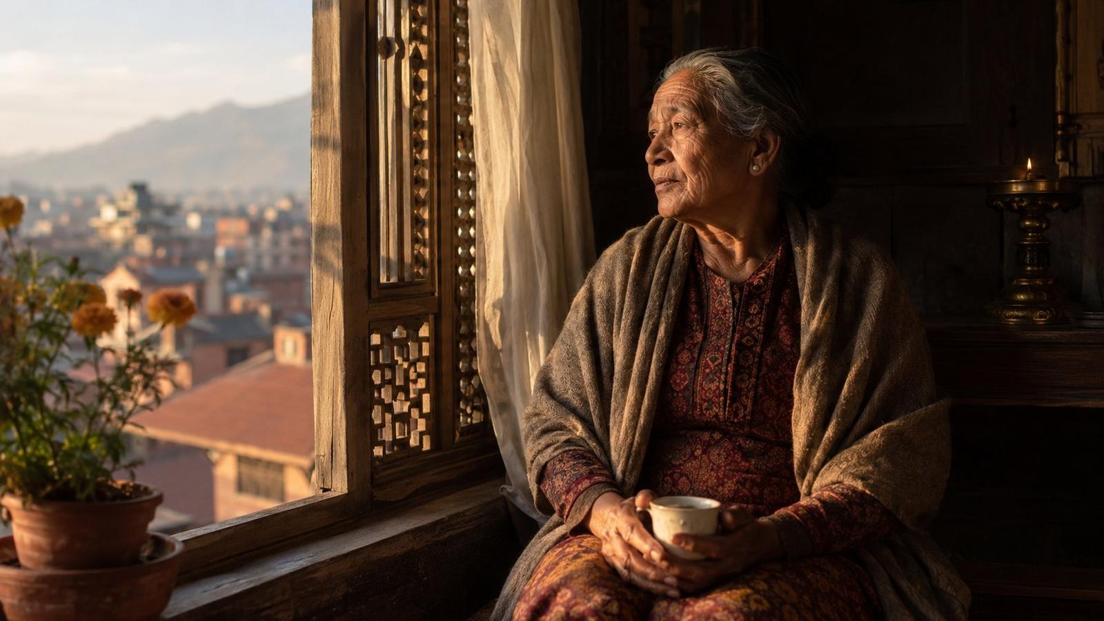 Elderly Nepali mother holding tea by window