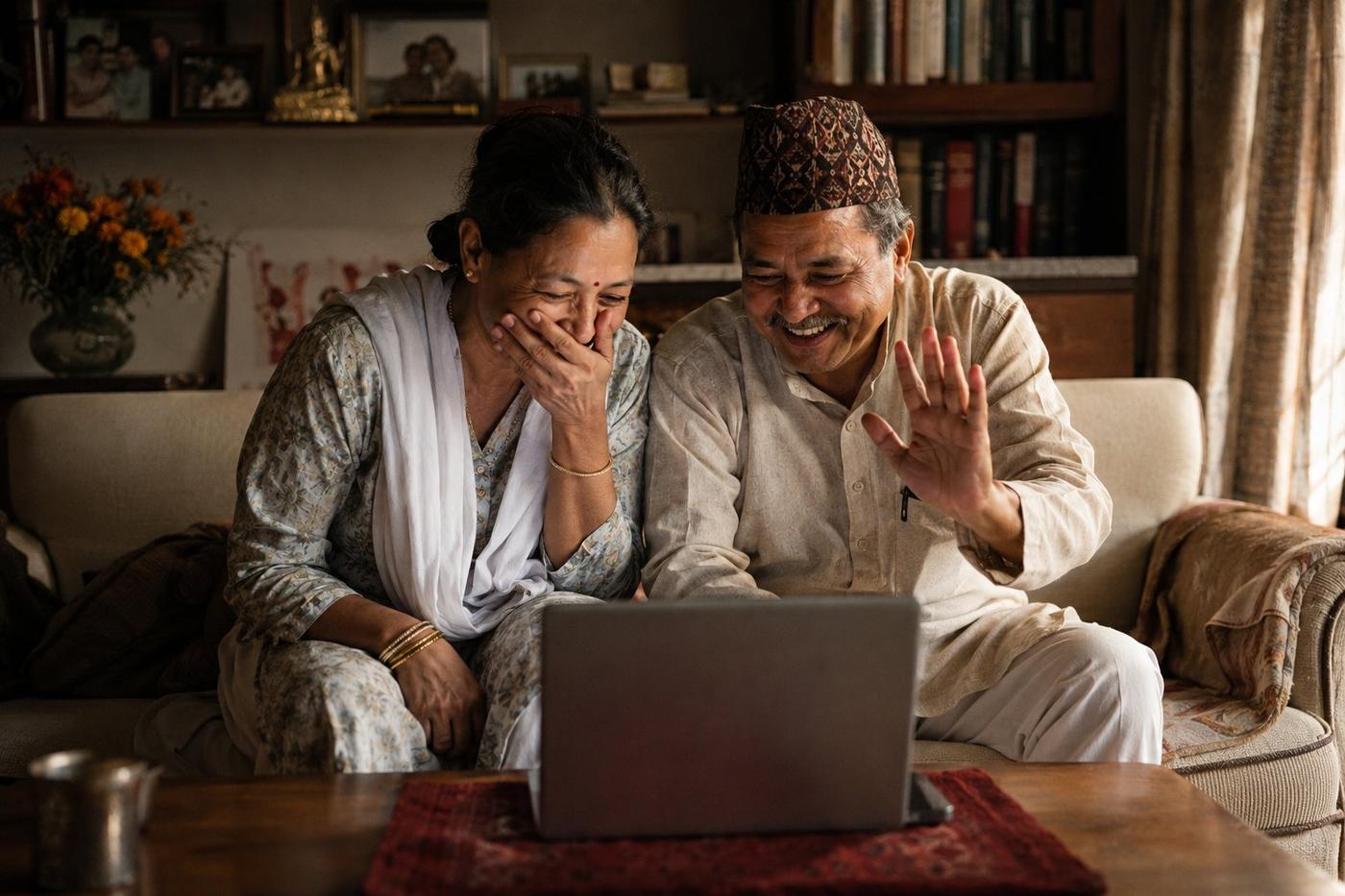 Nepali parents laughing on video call