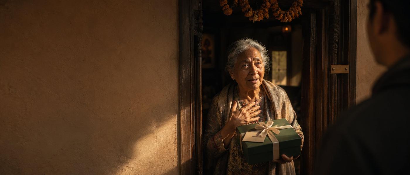 Elderly woman receiving CAB gift box at her door