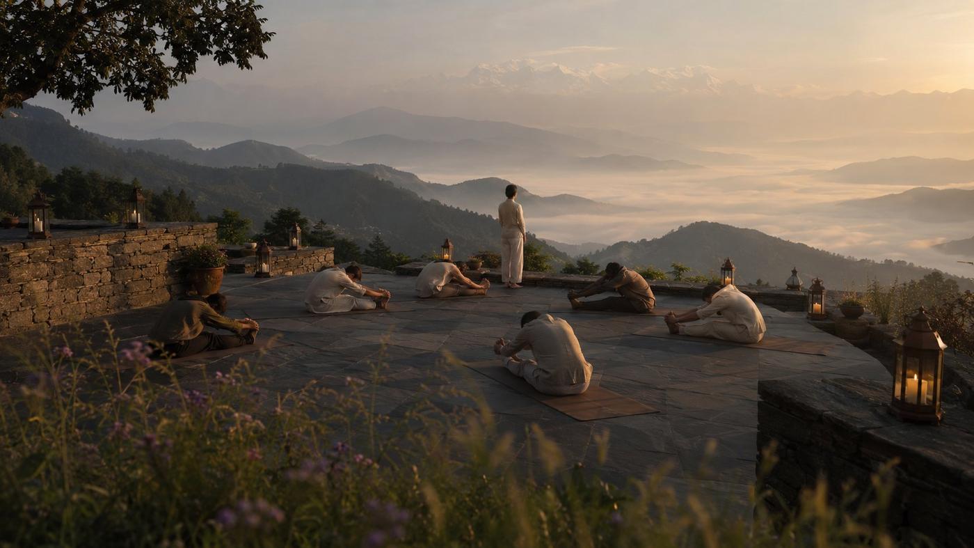 Outdoor yoga retreat Himalayas sunrise